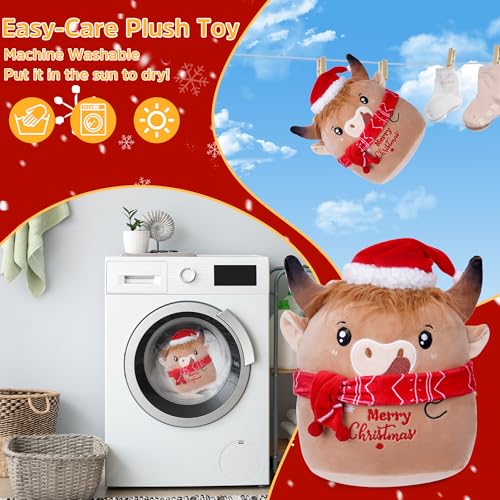 Christmas Cow Stuffed Animal: 8-Inch Cute Highland Cow Plush Toy with Festive Scarf Soft Plushie Pillow, Perfect Christmas Holiday Birthday Gifts for Kids Girls Boys