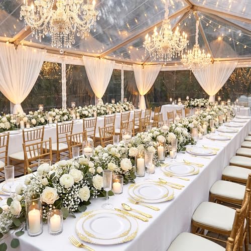 200PCS White and Gold Plates Disposable - Plastic for Wedding