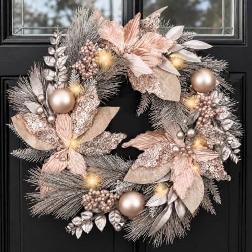 22-Inch Champagne Gold Christmas Wreath with Ornaments for Front Door