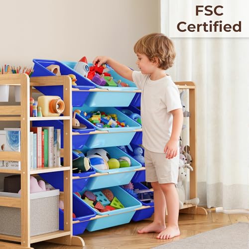 Kids Toy Storage Organizer with Bookshelf & 12 Bins - Blue, 55.2" Wide, 3 Shelves & Toddler Playroom Storage