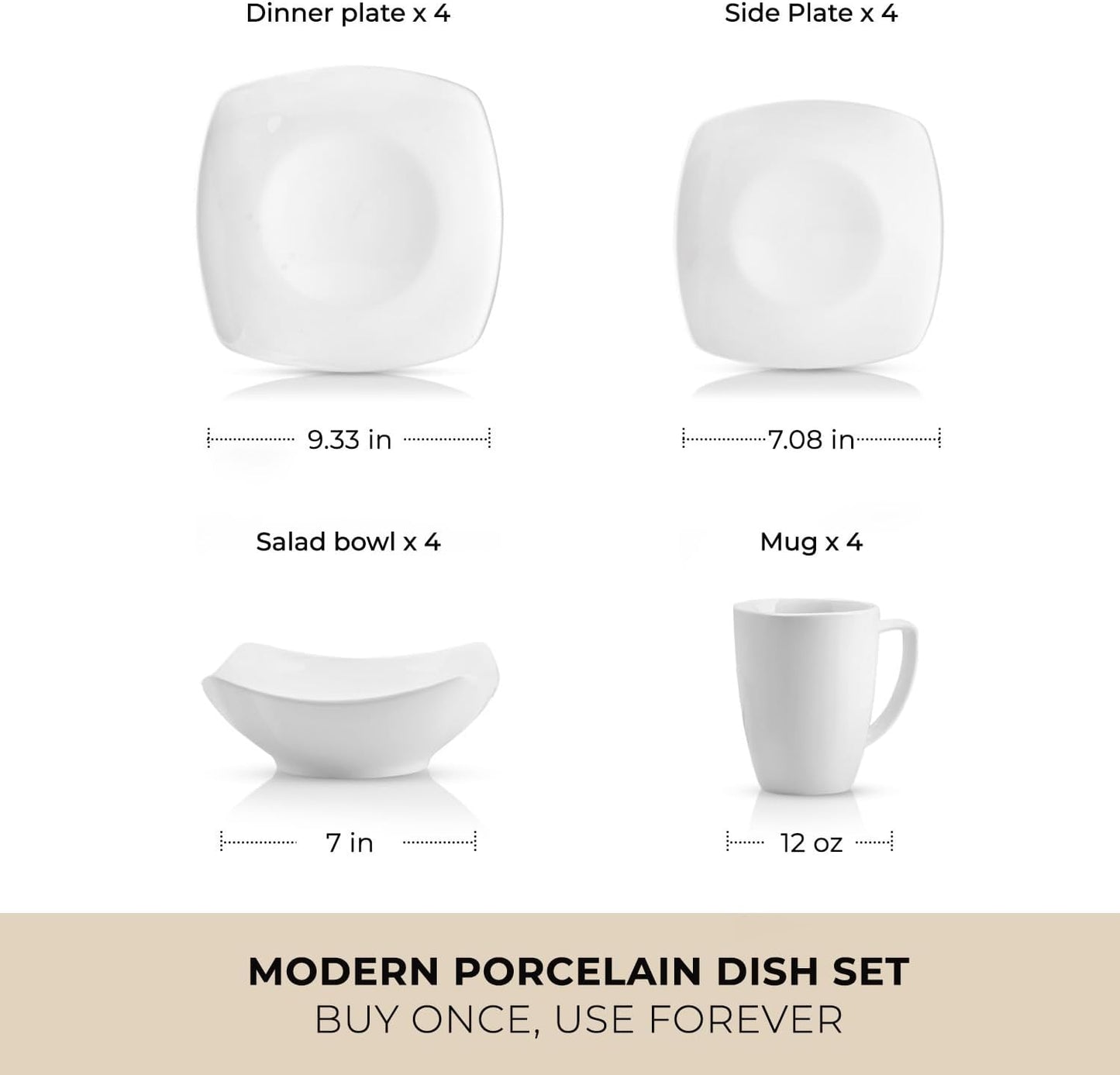 Zulay Kitchen 16-Piece Modern Porcelain Dinnerware Set - Chip & Scratch Resistant | Microwave & Dishwasher Safe, Pearl White