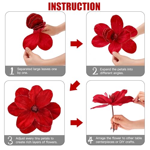 Sggvecsy 10Pcs Red Christmas Glitter Magnolia Flower Ornaments Artificial Poinsettia for Holiday Decor