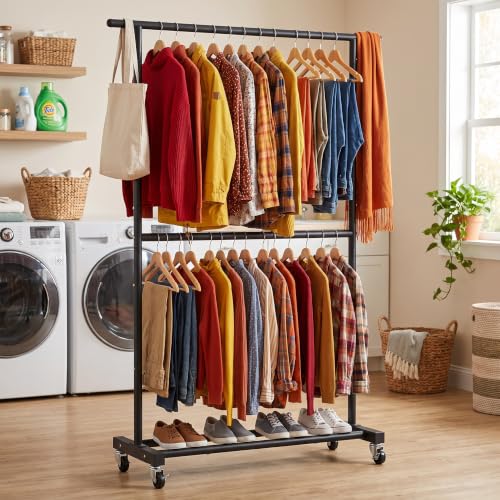 Black Double Rod Metal Clothing Rack on Wheels - 47.24" L, Portable Garment Stand with Shoe Shelf