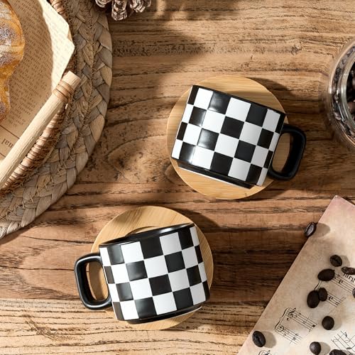 LUKA Black & White Checkered Stackable Espresso Cups Set with Saucers, 4oz - Variation 4BKG