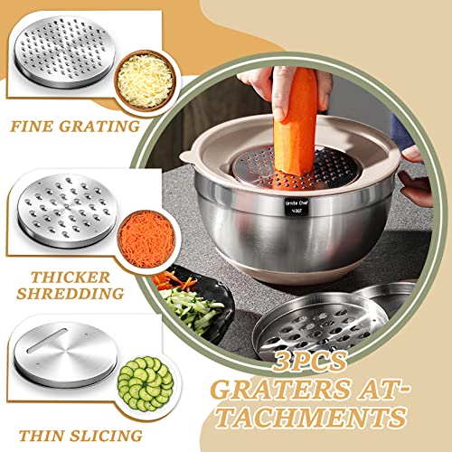 Umite Chef Khaki Stainless Steel Mixing Bowls Set with Airtight Lids & Graters – 26pcs, Non-Slip Bottoms, 7QT to 1QT Sizes