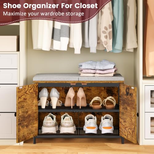 Small Entryway Shoe Storage Bench with Cushioned Seat and Doors