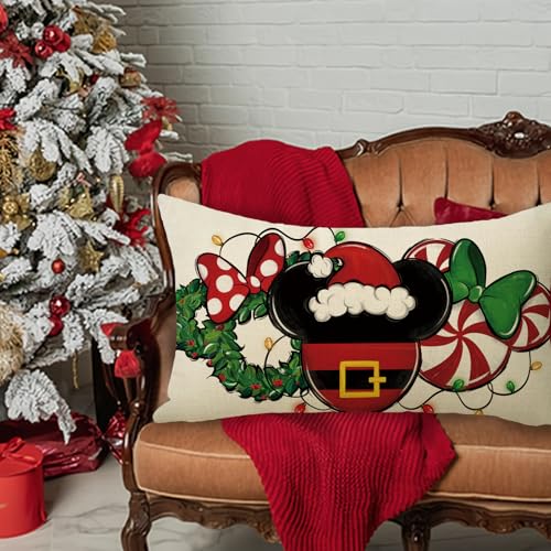 Christmas Lumbar Decorative Throw Pillow Cover 12 x 20, Xmas Peppermint Candy Wreath Rectangle Cushion Case Decor, Winter Funny Holiday Home Decoration for Sofa Couch