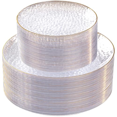 SUT 100Pcs Clear Disposable Plastic Plates with Gold Rim - Heavy Duty & Elegant Wedding Dinnerware, Include 50 Dinner & 50 Dessert Plates
