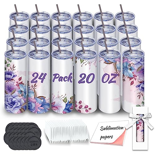20oz Sublimation Tumblers Bulk 24 Pack - Stainless Steel Insulated Cups with Lids