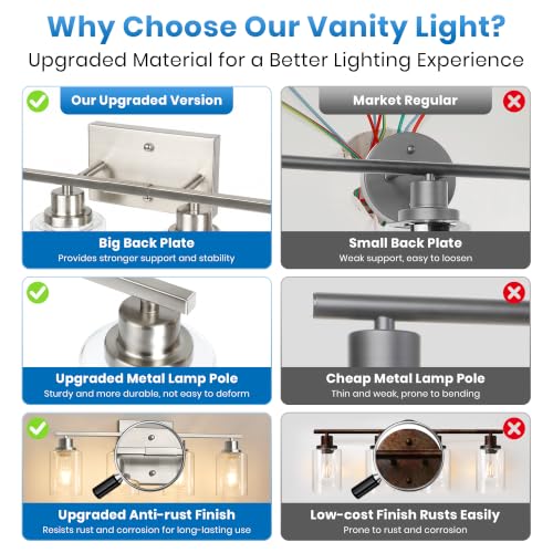 Brushed Nickel 4-Light Bathroom Vanity Light Fixture with Clear Glass Shades - Reversible Mounting