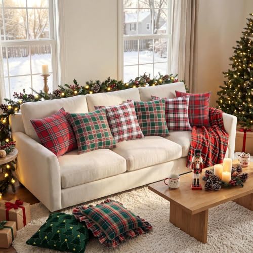 Softalker Christmas Plaid Throw Pillow Covers Set of 4, 20x20 Inches, Red White