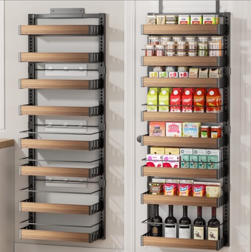 POKIPO 8-Tier Over The Door Pantry Organizer Black - Wall Mount & Hanging Spice Rack with Adjustable Baskets