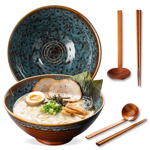 8 Inch Ceramic Ramen Bowl Set of 2 with Spoons & Chopsticks - Verdigris Green