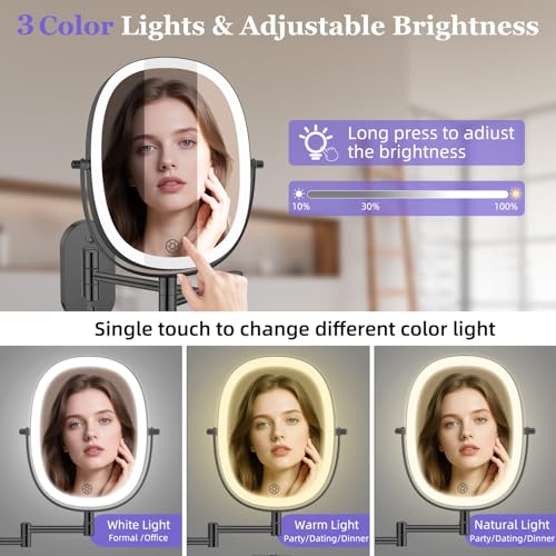 Rechargeable Wall Mounted Lighted Makeup Mirror - Black, 30x Magnification