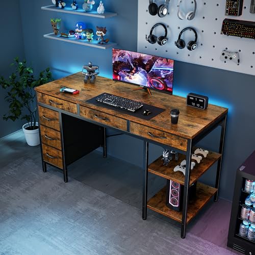 OLIXIS Rustic Brown 55 Inch Computer Desk with 6 Fabric Drawers for Home Office & Gaming