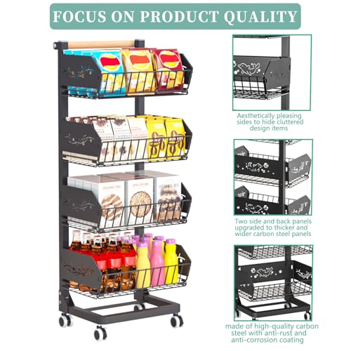Black 4-Tier Removable Rolling Snack Cart with Wheels - Kitchen Storage