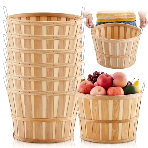 6 Pack Natural Wood Half Bushel Baskets with Metal Handles for Harvest & Storage - 14 x 9.5 Inches