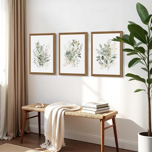 Sage Green Botanical Wall Art Set of 3 - Framed Watercolor Eucalyptus Canvas Prints - 16x12 Inches