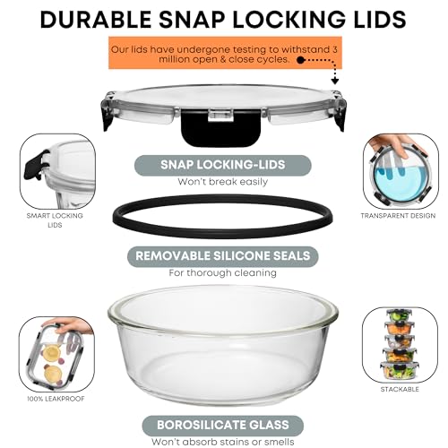 Razab 30-Piece Glass Food Storage Containers Set with Black Lids - Leakproof & Oven Safe