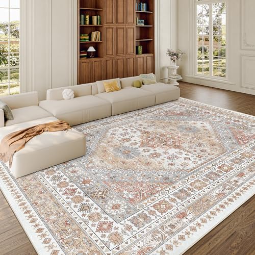 Zesthome 8x10 Orange Washable Area Rug - Non-Slip Geometric Living Room Carpet