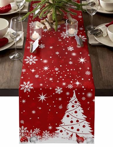 Ldtrchee 13 x 36 in Red Christmas Table Runner - Cotton Linen Snowflake Tree, Winter Holiday Decor