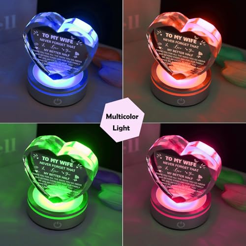 To My Wife Heart Crystal Lamp — Romantic Keepsake Gift from Husband, 6-Color LED Night Light (Wife)