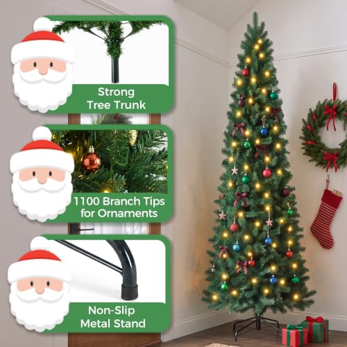 9 ft Pre-Lit Pencil Christmas Tree, Slim Artificial Green