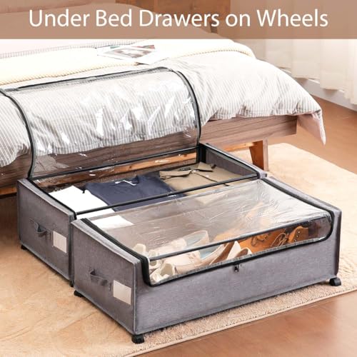Grey 4-Pack Under Bed Storage Drawers with Lockable Wheels - Heavy Duty, Clear Lid