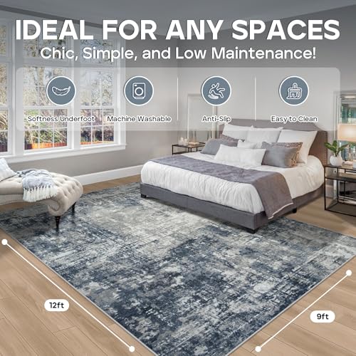 Aelenmu 9x12 Blue Grey Washable Area Rug for Living Room & Bedroom