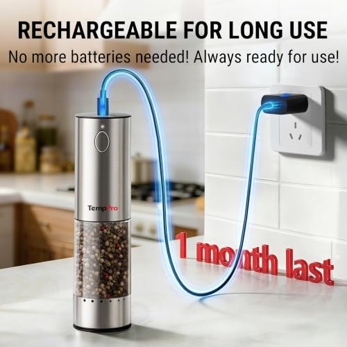 Rechargeable Electric Salt and Pepper Mill Set - Silver, 6 Coarseness Settings, Large Capacity