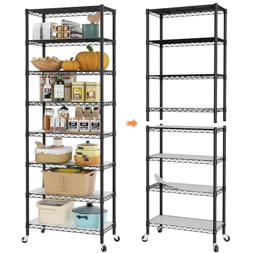 SINGAYE 8-Tier Metal Wire Closet Shelf with Wheels, 12 x 22 x 74 Inches, Black