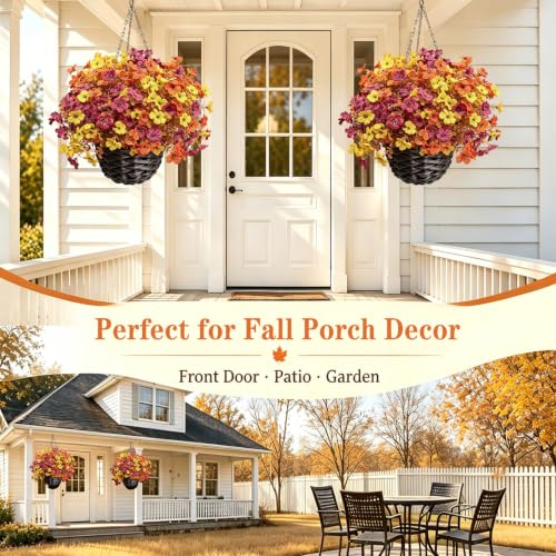 Artificial Fall Flowers Hanging Baskets - 2 Pack Outdoor Autumn Decor