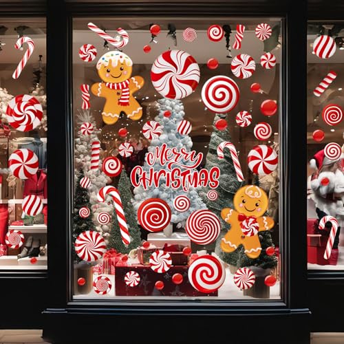 AUGSUN 9 Sheets Christmas Window Clings, Candy Cane Decorations Indoor, Xmas Red Peppermint Wall Stickers Decal for Home Party Decor Supplies