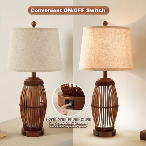27-Inch Vintage Bamboo Woven Table Lamps Set of 2 with USB & Nightlight