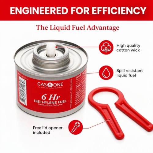 Gas One 24 Pack 6-Hour Chafing Fuel Cans for Food Warmers - Reusable Liquid Safe with Wick & Lid Opener