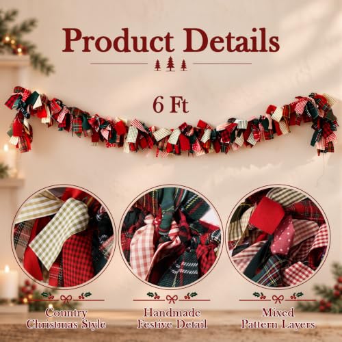 Rustic Farmhouse Christmas Garland with Plaid Flags - Reusable Indoor Holiday Decor