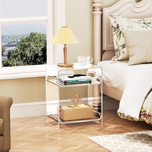Acrylic End Table with Storage Shelf - Clear Nightstand for Record Player & Magazines (15.7x19.7x11.8)