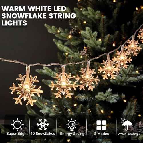 Christmas Snowflake Lights, 20ft 40LED 8 Modes & Timer Battery Operated Snowflake Decorations with Remote Control, Fairy Lights for Indoor Outdoor Holiday Party Decorations