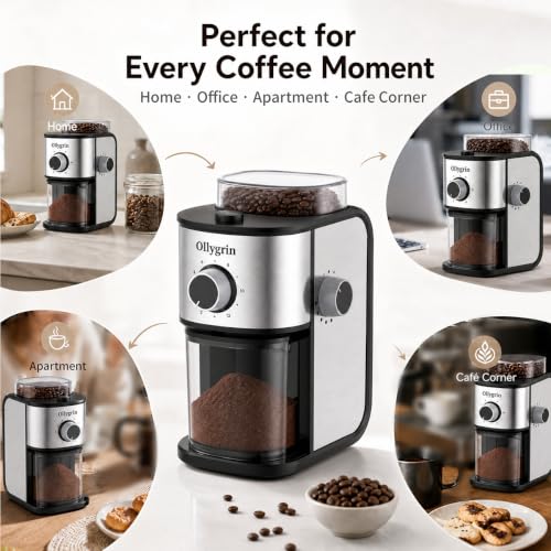 Electric Flat Burr Coffee Grinder with 14 Settings & 7oz Hopper - Shiny Silver & Black