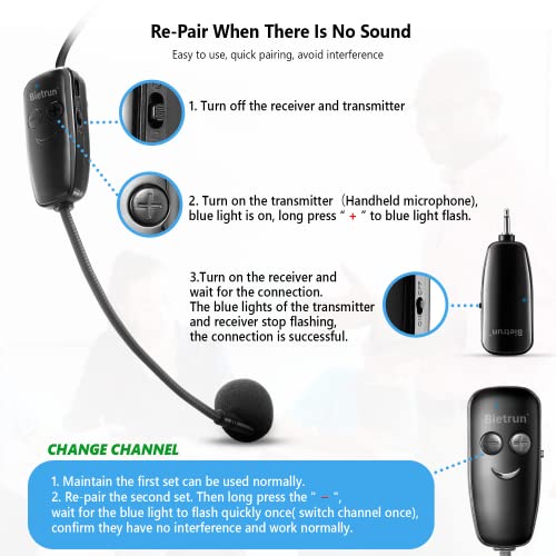 Bietrun Wireless Microphone Headset System UHF 160ft Range for Speakers & PA