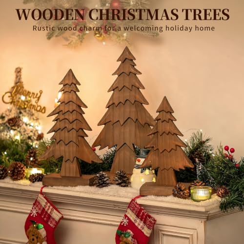 Hanobe Brown 3pc Rustic Wood Christmas Trees Set for Tabletop - Small 10.24", Medium 12.6", Large 15"