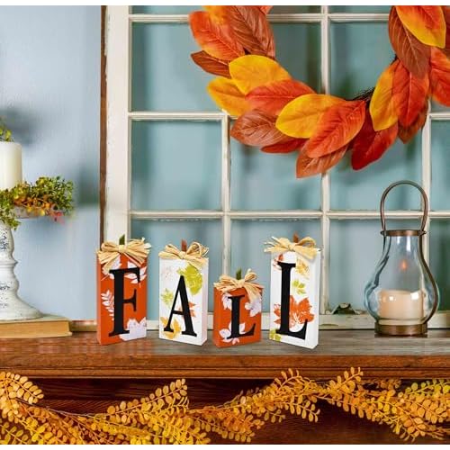 Gift Boutique Thanksgiving Fall Table Block Set of 4 Autumn Wooden Signs Blocks for Tiered Tray Tabletop Centerpieces Mantle & Home Office Decorations