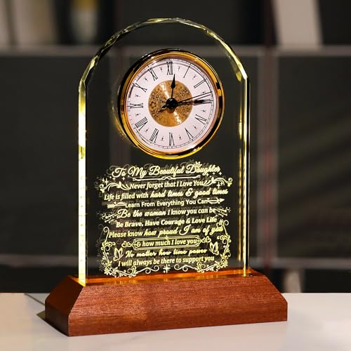 Daughter Gift Glass Clock with Wooden Base - From Mom & Dad, Warm Light, Engraved - Variation: Daughter Gifts