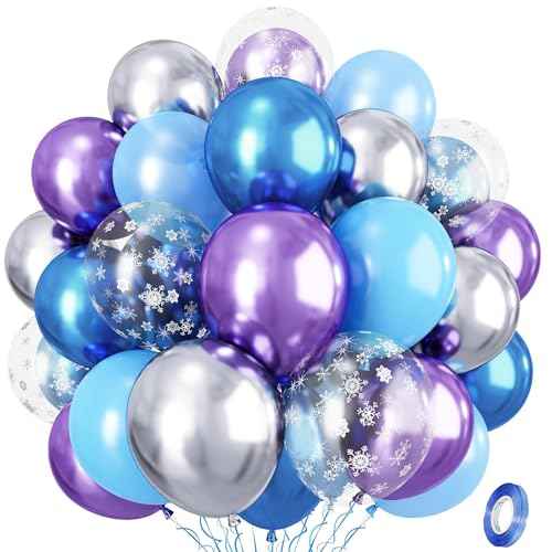 Snowflake Balloons, Pastel Blue Metallic Purple Silver Balloon with Snowflake Latex Balloons Birthday Party Decorations for Girls Birthday Baby Shower Winter Wonderland Christmas Party Supplies