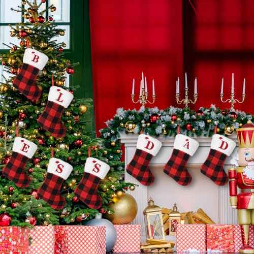 8inches Initial Monogram Christmas Stocking Red Buffalo Plaid Christmas Stocking with Embroidered Letter Personalized Mini Christmas Stocking White Plush Xmas Stocking for Xmas Tree Fireplace Decor(L)