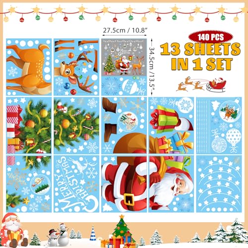 140pcs Christmas Window Clings Cute Christmas Decorations Large Santa Claus Christmas Tree Decorations 13 Sheets Snowflake Reindeer Xmas Stickers Door Decor Wall Decal Winter Glass Holiday Party