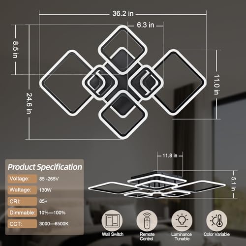 Black 7-Light Modern LED Ceiling Light with Remote - 36.2 Inch Dimmable Acrylic Rings