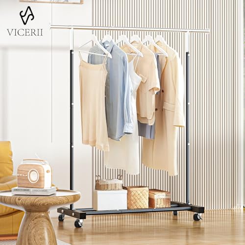 VICERII Black Heavy Duty Rolling Clothes Rack 55.5 Inch with Shelf & Wheels