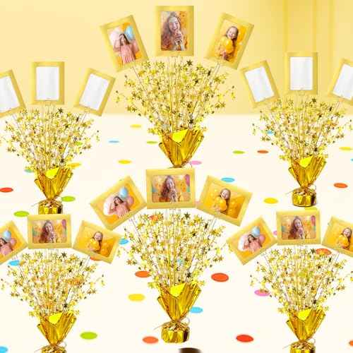 Amyhill 6 Set Metallic Foil Spray Table Centerpiece with 18 Pcs Picture Frames and Star Card Holder Star Burst Metallic Table Decoration for Birthday Party Wedding Holiday