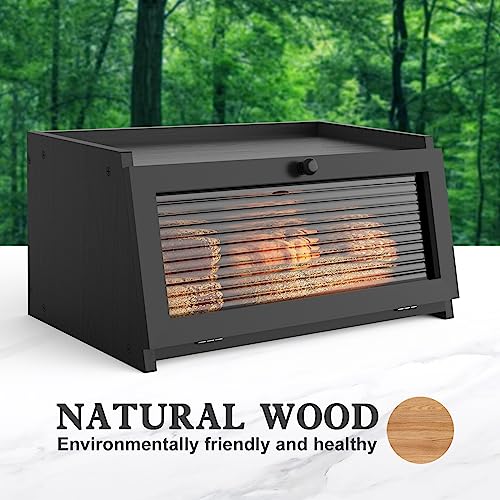 Black 1-Tier Bread Box for Kitchen Countertop - Natural Pine & Acrylic Window